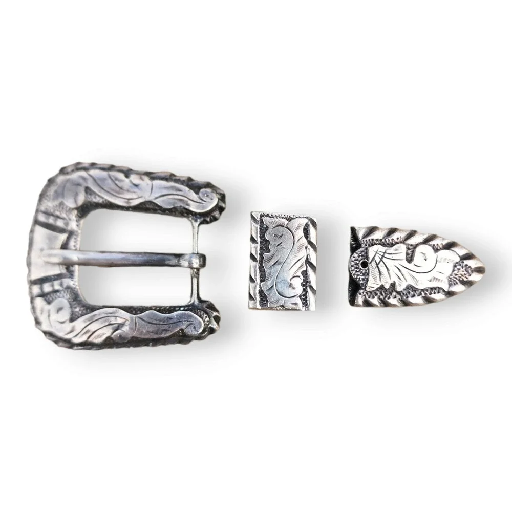 Vintage Mexico Ranger Belt Buckle Set Sterling Silver 925 Guadalajara Floral 3pc